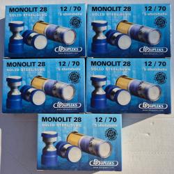 Lot de 5 boites de 5 cartouches &agrave; balles Ddupleks Monolit 28 calibre 12/70 Steel Slugs