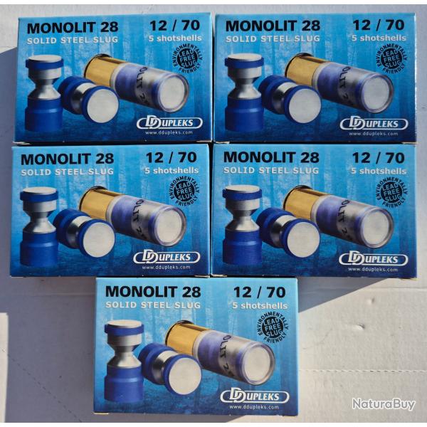 Lot de 5 boites de 5 cartouches � balles Ddupleks Monolit 28 calibre 12/70 Steel Slugs