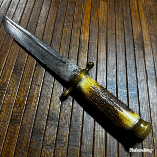 Poignard / Couteau Bowie de Chasse & D�fense - XIXe si�cle - Poign�e en Bois de Cerf & Laiton