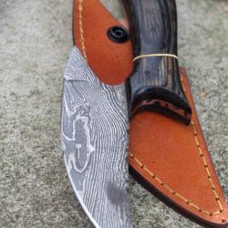 Couteau d'Esquimau Inuit Ulu Lame Acier Damas 256 Couches Manche Bois Etui Cuir Fab Artisanale 00