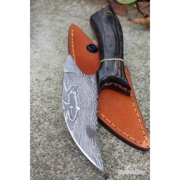 Couteau d'Esquimau Inuit Ulu Lame Acier Damas 256 Couches Manche Bois Etui Cuir Fab Artisanale 00