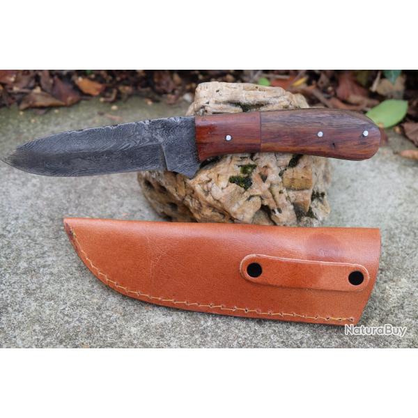 Couteau Skinner Lame Acier Damas 256 Couches Manche Bois Rosewood Etui Cuir Fabr Artisanale
