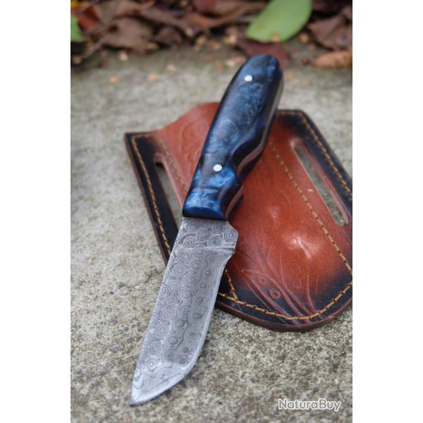Couteau Skinner Lame Tanto Acier Damas 256 Couches Manche R�sine Beau Etui Cuir Fabric Artisanale