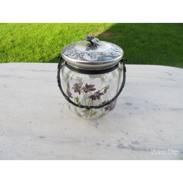 Ancien seau � biscuits LEGRAS en verre �maill� � d�cor de violettes, monture en m�tal argent� GALLIA
