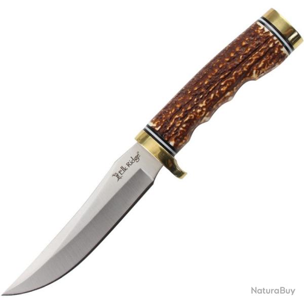 Couteau Fixe Elk Ridge FIX131 Lame Acier 3Cr13 Manche Synth�tique Brun �tui Cuir ERFIX131