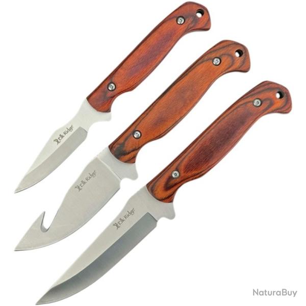 Set 3 Couteaux Elk Ridge Field Kit Lames Acier 3Cr13 Manche Bois Brun �tui Nylon ERSET112BN