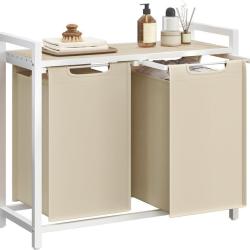 Panier &agrave; linge moderne avec &eacute;tag&egrave;re 73 x 33 x 72 cm rangement pratique salle de bain en MDF beige c