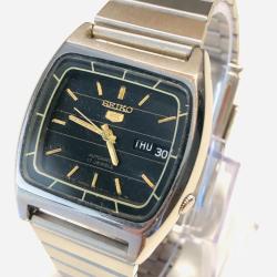 Montre Vintage Seiko 5 Automatique Cal. 6309-6240, Bo&icirc;tier Coussin, Cadran Noir et Or, 1985