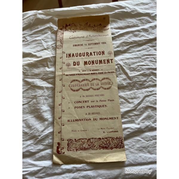 Programme inauguration monument aux morts 14/18 Auberchicourt 1924 ww1