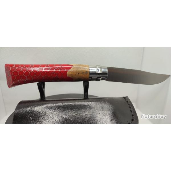 1-Opinel N�08 custom - Olivier & r�sine rouge - nid d'abeille aluminium