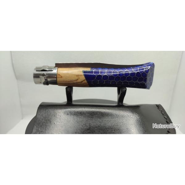 5-Opinel N�08 custom - Olivier & r�sine bleu roi - Nid d'abeille aluminium