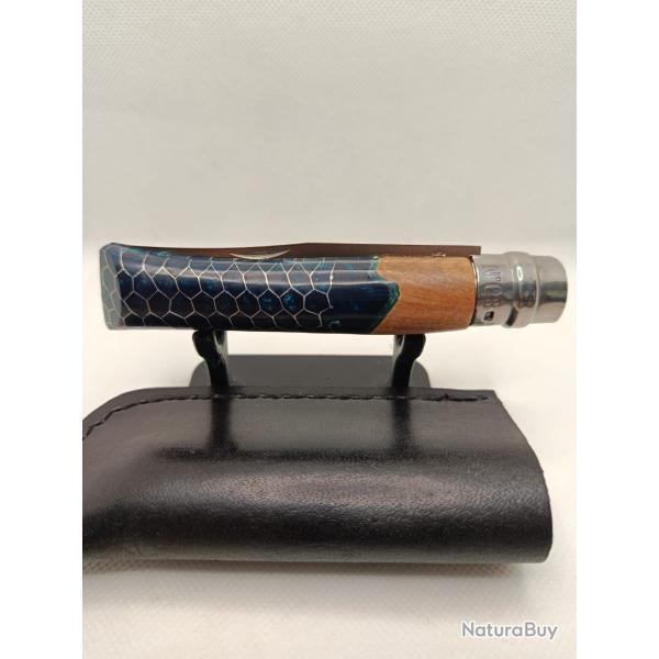 6 - Opinel N�8 custom bleu - Bois et r�sine nid d'abeille - Inox - �tui cuir offert