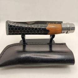 7 - Opinel N&deg;8 custom noir - Bois et r&eacute;sine nid d'abeille - Inox - &Eacute;tui cuir offert