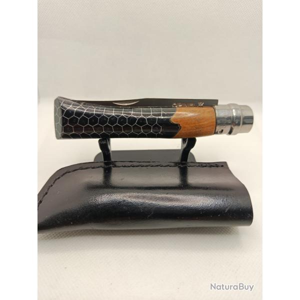 7 - Opinel N�8 custom noir - Bois et r�sine nid d'abeille - Inox - �tui cuir offert