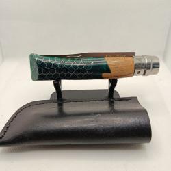 8 - Opinel N&deg;8 custom vert - Bois et r&eacute;sine nid d'abeille - Inox - &Eacute;tui cuir offert