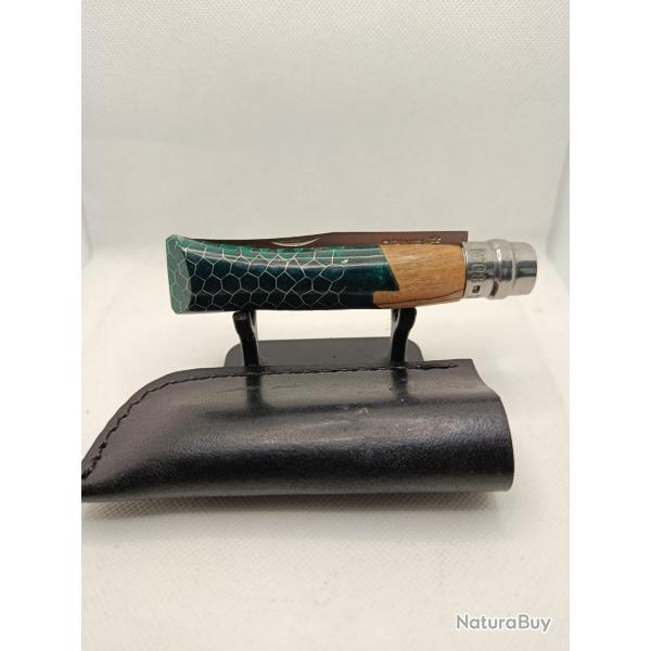 8 - Opinel N�8 custom vert - Bois et r�sine nid d'abeille - Inox - �tui cuir offert