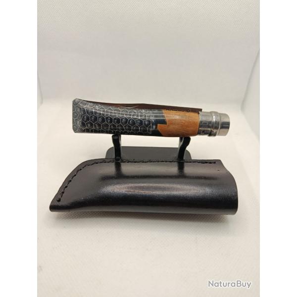 9 - Opinel N�8 custom - Bois et r�sine nid d'abeille - Lame carbone - �tui cuir offert