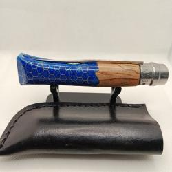 10 - Opinel N&deg;8 custom bleu - Bois et r&eacute;sine nid d'abeille - Inox - &Eacute;tui cuir offert