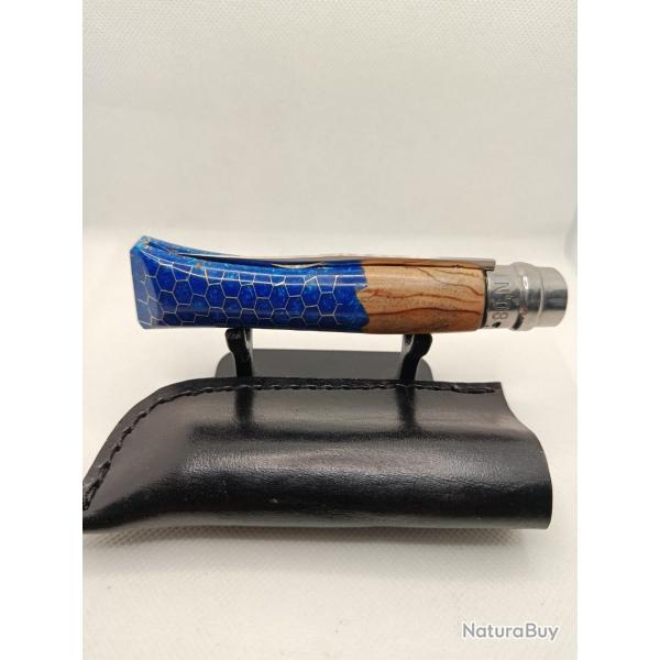 10 - Opinel N�8 custom bleu - Bois et r�sine nid d'abeille - Inox - �tui cuir offert