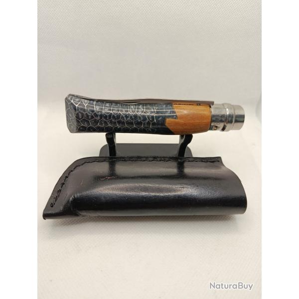 11 - Opinel N�8 custom noir et gris - R�sine nid d'abeille - Carbone - �tui cuir offert