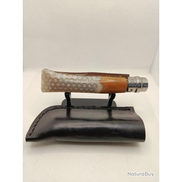 12 - Opinel N�8 custom blanc nacr� - R�sine nid d'abeille - Inox - �tui cuir offert