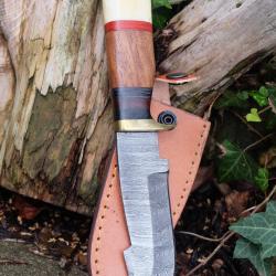 Couteau Poignard Lame Acier Damas 256 Couches Manche Bois/Os Garde Laiton Etui Cuir Fabr Artisan