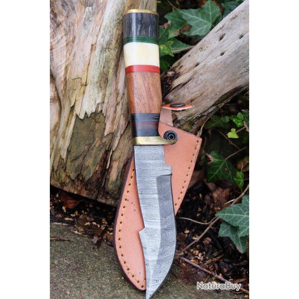 Couteau Poignard Lame Acier Damas 256 Couches Manche Bois/Os Garde Laiton Etui Cuir Fabr Artisan