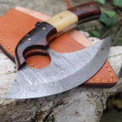 Couteau d'Esquimau Inuit Ulu Lame Acier Damas 256 Couches Manche Os/Bois Etui Cuir Fabr Artisanale