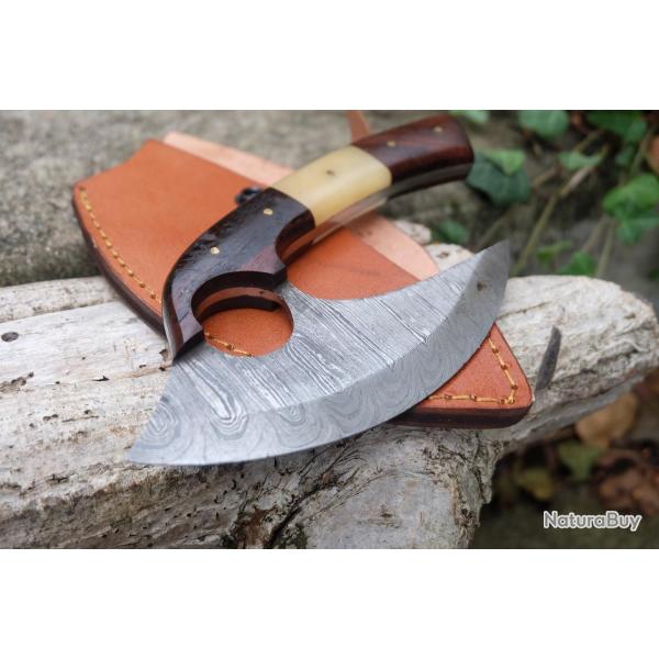 Couteau d'Esquimau Inuit Ulu Lame Acier Damas 256 Couches Manche Os/Bois Etui Cuir Fabr Artisanale