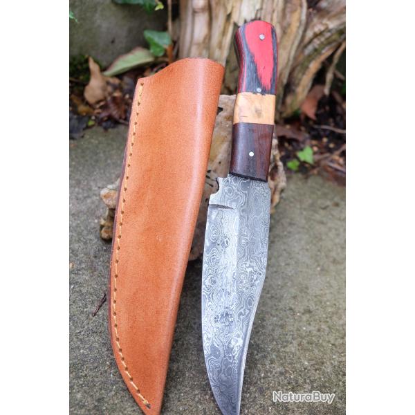 Skinner Bowie Couteau de Chasse Damas Lame 256 Couches Manche 2 Bois Fabric Artisanale Etui Cuir 01