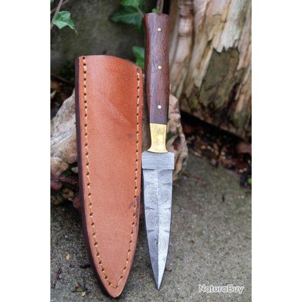 Couteau Dague Scottish Dirk Lame Acier Damas 256 Couches Manche Rosewood Etui Cuir Fab Artisanale