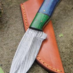 Couteau Skinner Lame Acier Damas 256 Couches Manche Bois Pakkawood Etui Cuir Fabric Artisanale