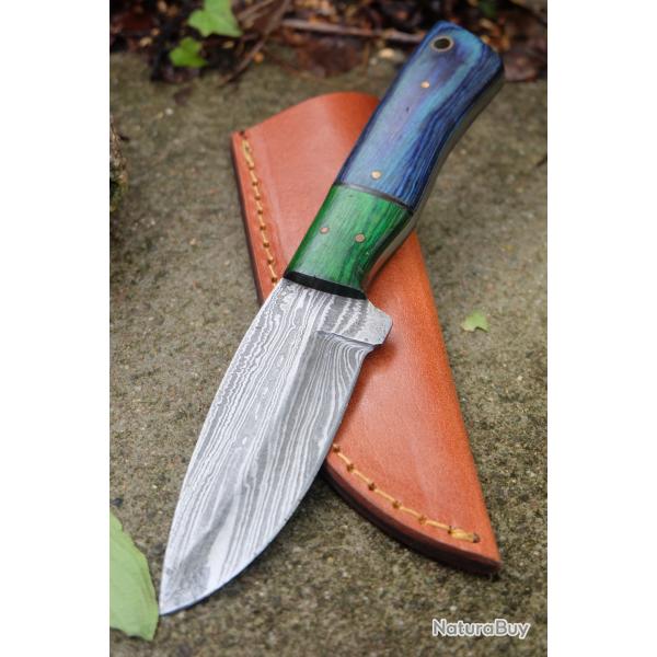 Couteau Skinner Lame Acier Damas 256 Couches Manche Bois Pakkawood Etui Cuir Fabric Artisanale