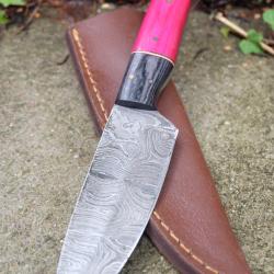 Couteau Skinner Lame Acier Damas 256 Couches Manche Bois Smoke/Fushia Etui Cuir Fabric Artisanale