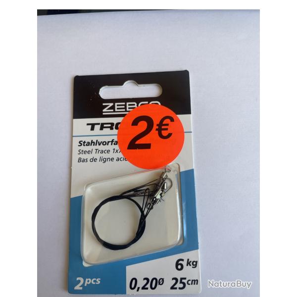 Bas de ligne acier 1x7 Zebco 25 cm - Rolling triple + agrafe - 6 kg - Neuf