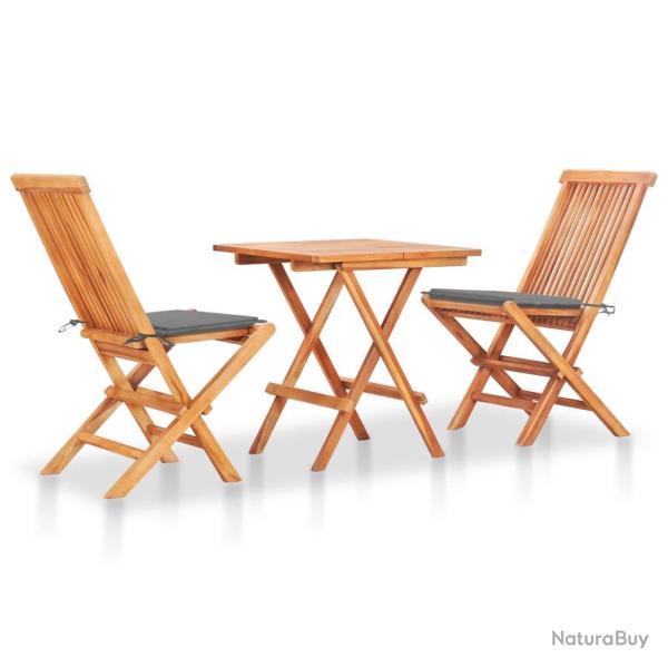 Ensemble de bistro jardin meuble ext�rieur terrasse 3 pi�ces avec coussins gris bois de teck massif