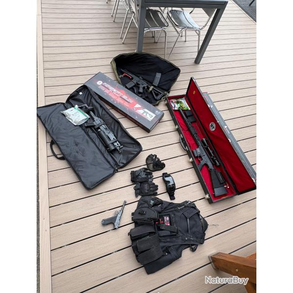 LOT COMPLET - Secutor Rapax M3, G&G CM16 Wild Hog 7, PP-19 Bizon, Luger P08 + �quipements