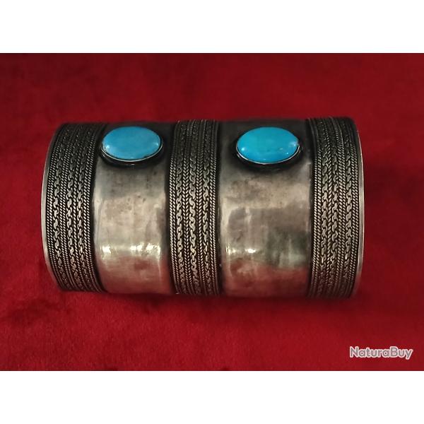 Superbe manchette ethnique en argent massif et turquoise