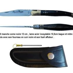 COUTEAUX PLIANT LAGUIOLE BOUGNA 5060 en corne noire lame en acier inoxydable mitre laiton