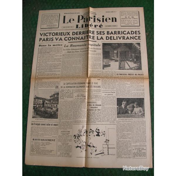 WW2 FRANCE JOURNAL FRANCAIS" LE PARISIEN LIB�R� 24 AOUT 1944 " �POQUE LIB�RATION DE PARIS  39-45