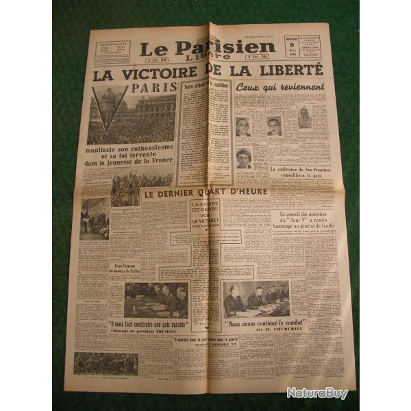 WW2 FRANCE JOURNAL FRANCAIS" LE PARISIEN LIB�R� 9 MAI 1945 " �POQUE ARMISTICE 39-45