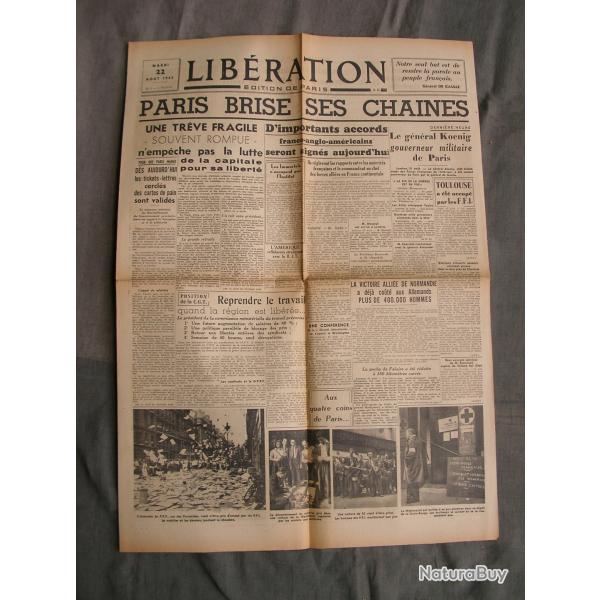 WW2 FRANCE JOURNAL FRANCAIS" LIBERATION EDITION DE PARIS 22 AOUT 1944 " �POQUE LIBERATION DE PARIS