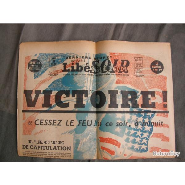 WW2 FRANCE JOURNAL FRANCAIS" LIBERATION EDITION VICTOIRE 8 MAI 1945 " �POQUE ARMISTICE 39-45 be
