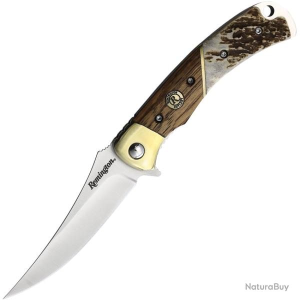 Couteau Pliant Remington Guide Lame Inox Manche Bois et Os Linerlock �tui Cuir R15726