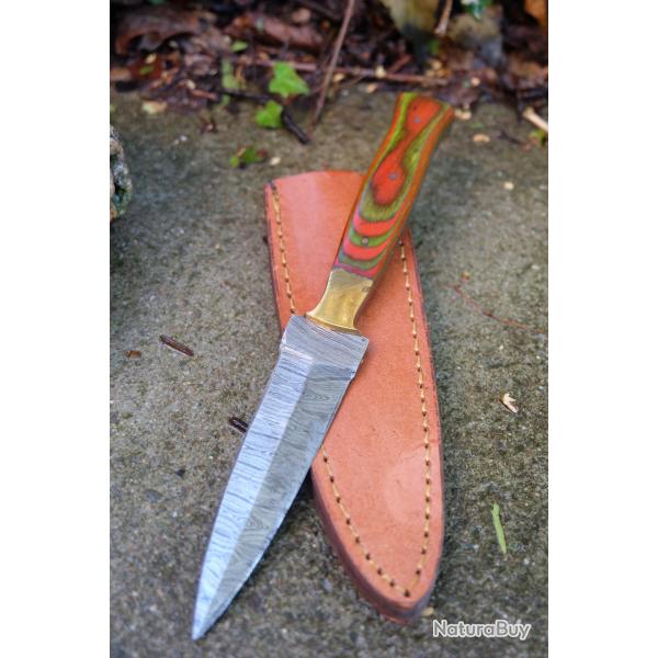 Couteau Dague Scottish Dirk Lame Acier Damas 256 Couches Manche Bois Arlequin Etui Cuir Fab ArtisanA
