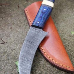 Couteau Serpette Druide Lame Acier Damas 256 Couches Manche Bois & Os Fab Artisanale Etui Cuir