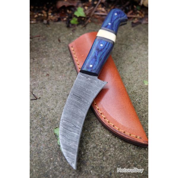 Couteau Serpette Druide Lame Acier Damas 256 Couches Manche Bois & Os Fab Artisanale Etui Cuir