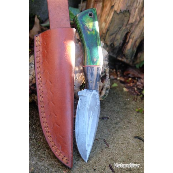 Couteau Skinner Lame Acier Damas 256 Couches Manche Bois Green/Black Etui Cuir Fabric Artisanale 01