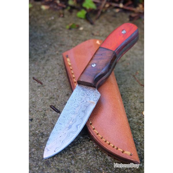 Couteau Skinner de Poche Lame Acier Damas 256 Couches Manche 2 Bois Etui Cuir Fab Artisanale