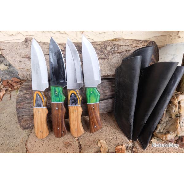LOT DE 4 Couteau Tactical Urbain Lame Acier Carbone 1055 Manche Bois/R�sine Etui Fab Artisanale01